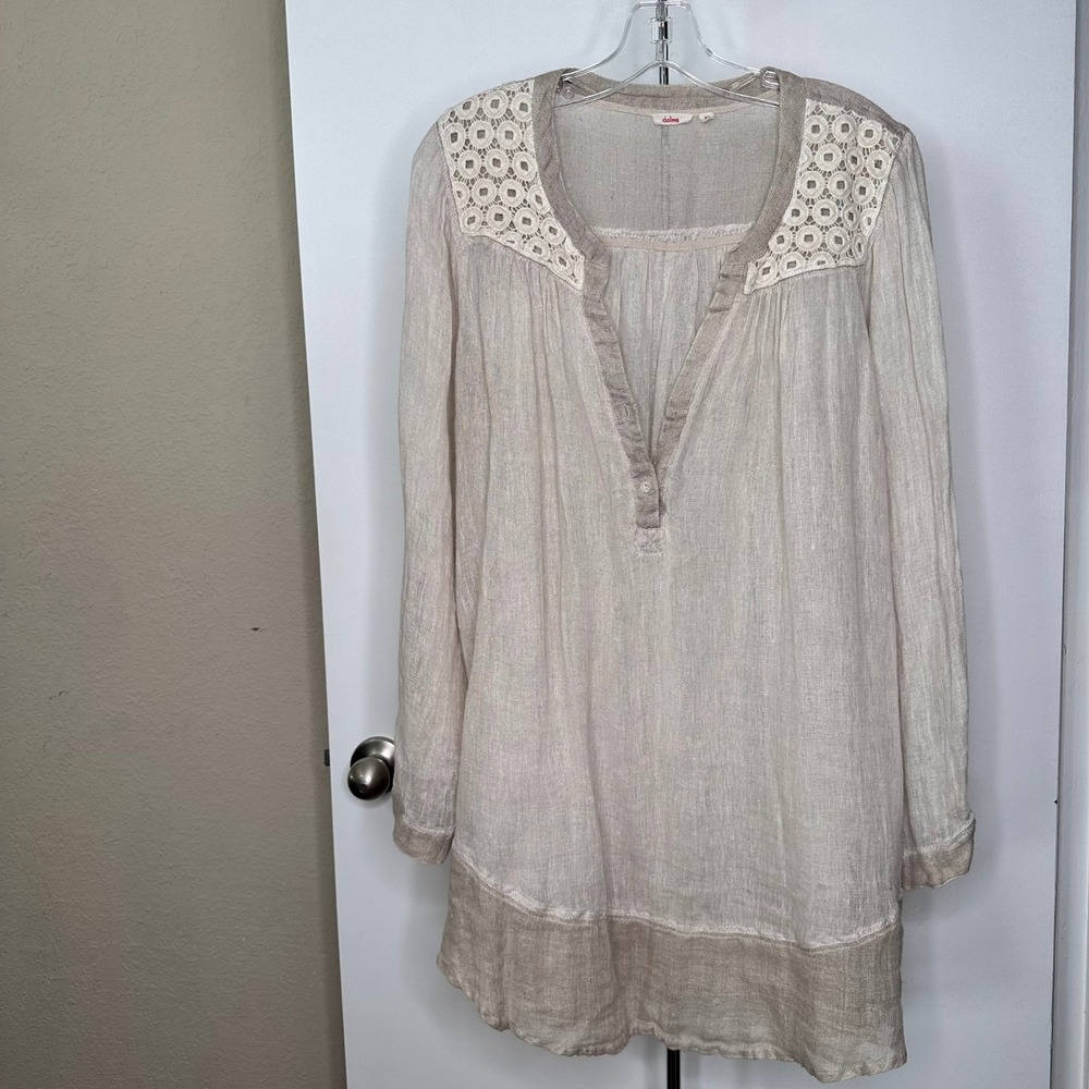 Dolma Linen Tunic Top Womens XL Crochet Lace Boho Henley Long Sleeve Blouse